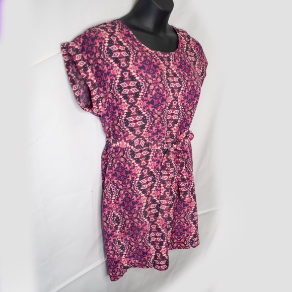 Hippie Rose Southwest Print Dress Juniors XL Pink Tie Front Short Sleeve II05X - Picture 2 of 5